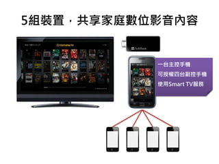 5組裝置，共享家庭數位影音內容
一台主控手機
可授權四台副控手機
使用Smart TV服務
 