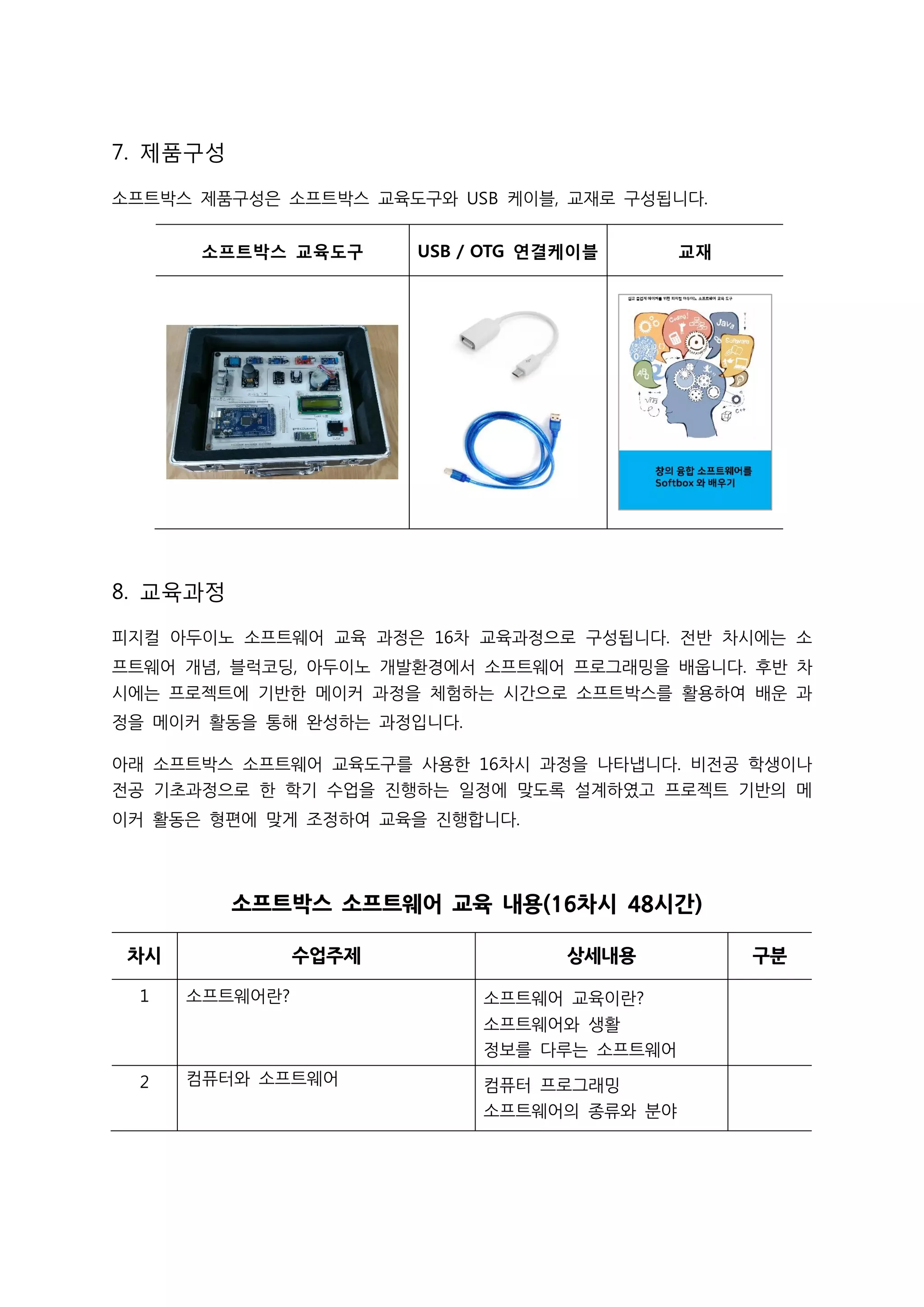 7. 제품구성
소프트박스 제품구성은 소프트박스 교육도구와 USB 케이블, 교재로 구성됩니다.
소프트박스 교육도구 USB / OTG 연결케이블 교재
8. 교육과정
피지컬 아두이노 소프트웨어 교육 과정은 16차 교육과정으로 구성됩니다. 전반 차시에는 소
프트웨어 개념, 블럭코딩, 아두이노 개발환경에서 소프트웨어 프로그래밍을 배웁니다. 후반 차
시에는 프로젝트에 기반한 메이커 과정을 체험하는 시간으로 소프트박스를 활용하여 배운 과
정을 메이커 활동을 통해 완성하는 과정입니다.
아래 소프트박스 소프트웨어 교육도구를 사용한 16차시 과정을 나타냅니다. 비전공 학생이나
전공 기초과정으로 한 학기 수업을 진행하는 일정에 맞도록 설계하였고 프로젝트 기반의 메
이커 활동은 형편에 맞게 조정하여 교육을 진행합니다.
소프트박스 소프트웨어 교육 내용(16차시 48시간)
차시 수업주제 상세내용 구분
1 소프트웨어란? 소프트웨어 교육이란?
소프트웨어와 생활
정보를 다루는 소프트웨어
2 컴퓨터와 소프트웨어 컴퓨터 프로그래밍
소프트웨어의 종류와 분야
 