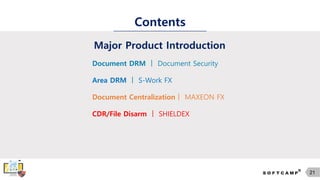 21
Contents
Major Product Introduction
Document DRM ㅣ Document Security
Area DRM ㅣ S-Work FX
Document Centralizationㅣ MAXEON FX
CDR/File Disarm ㅣ SHIELDEX
 