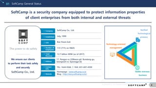 © SOFTCAMP Co., LTD. All rights reserved.
4
SoftCamp General Status01
ㅣ Total
Revenue
ㅣ Number of
Employees
ㅣ CEO
ㅣ Established
ㅣ Company SoftCamp Co., Ltd.
July, 1999
Bae Hwan-kuk
115 (71% on R&D)
13.7 billion KRW (as of 2017)
Technology-oriented
management
Verified
Technological
prowess
Stable overseas
business
ㅣ Address
17, Pangyo-ro 228beon-gil, Bundang-gu,
Seongnam-si, Gyeonggi-do
ㅣ Contact
Info.
TEL: 1644-9366 ㅣ FAX: 031-697-4599
ㅣ Website
Homepage : www.softcamp.co.kr
Blog : http://story.softcamp.co.kr/
We ensure our clients
to perform their task safely
and securely
SoftCamp Co., Ltd.
SoftCamp is a security company equipped to protect information properties
of client enterprises from both internal and external threats
 