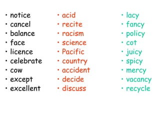 • notice
• cancel
• balance
• face
• licence
• celebrate
• cow
• except
• excellent
• acid
• recite
• racism
• science
• Pacific
• country
• accident
• decide
• discuss
• lacy
• fancy
• policy
• cot
• juicy
• spicy
• mercy
• vacancy
• recycle
 