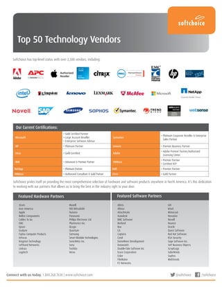 Top 50 Technology Vendors
Softchoice has top-level status with over 2,500 vendors, including:
Microsoft
• Gold Certified Partner
• Large Account Reseller
• Enterprise Software Advisor
Symantec
• Platinum Corporate Reseller  Enterprise
Sales Partner
HP • Platinum Partner Lenovo • Premier Business Partner
Cisco • Gold-Certified Adobe
• Adobe Premier Partner/Authorized
Licensing Center
IBM • Advanced  Premier Partner VMWare
• Premier Partner
• Certified VCP
NetApp • Platinum Partner Dell • Premier Partner
VMWare • Authorized Consultant  Gold Partner Citrix • Gold Partner
Our Current Certifications:
Softchoice prides itself on providing the most comprehensive selection of hardware and software products anywhere in North America. It’s this dedication
to working with our partners that allows us to bring the best in the industry right to your door.
Featured Hardware Partners
3Com
Acer America
Apple
Belkin Components
Cables To Go
EMC
Epson
Exabyte
Fujitsu Computer Products
InFocus
Kingston Technology
Lefthand Networks
Linksys
Logitech
Maxell
NEC-Mitsubishi
Nutanix
Panasonic
Philips Electronic Ltd.
Plantronics Inc.
QLogic
Quantum
Samsung
Smart Modular Technologies
SonicWALL Inc.
Sony
Toshiba
Xerox
Altiris
Altova
Attachmate
Autodesk
BMC Software
Borland
Box
CA
Captaris
Corel
DameWare Development
Datawatch
Double-Take Software Inc.
Ecora Corporation
Esker
FileMaker
F5 Networks
GFI
Intuit
Mimecast
Novastor
Novell
Nuance
Oracle
Quest Software
Red Hat Software
RSA Security
Sage Software Inc.
SAP Business Objects
ScriptLogic
SolarWinds
Sophos
WebTrends
Featured Software Partners
Connect with us today. 1.800.268.7638 | www.softchoice.com @softchoice /softchoice
 