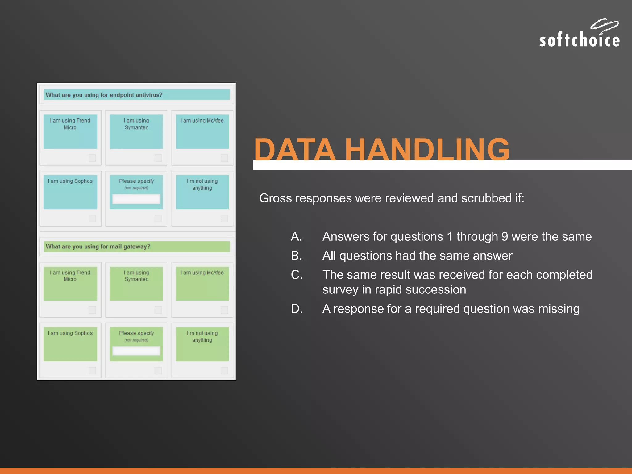 Gross responses were reviewed and scrubbed if:
A. Answers for questions 1 through 9 were the same
B. All questions had the same answer
C. The same result was received for each completed
survey in rapid succession
D. A response for a required question was missing
DATA HANDLING
 
