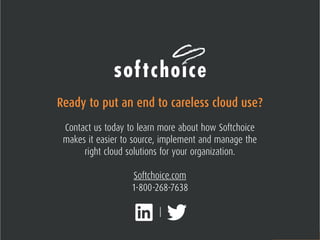 17(STILL) CARELESS USERS IN THE CLOUD
Ready to put an end to careless cloud use?
Contact us today to learn more about how Softchoice
makes it easier to source, implement and manage the
right cloud solutions for your organization.
Softchoice.com
1-800-268-7638
|
 