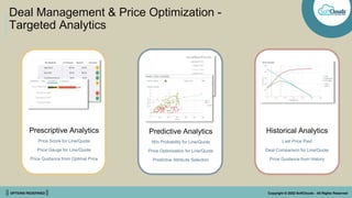 || OPTIONS REDEFINED || Copyright © 2022 SoftClouds - All Rights Reserved
Deal Management & Price Optimization -
Targeted Analytics
Prescriptive Analytics
Price Score for Line/Quote
Price Gauge for Line/Quote
Price Guidance from Optimal Price
Predictive Analytics
Win Probability for Line/Quote
Price Optimization for Line/Quote
Predictive Attribute Selection
Historical Analytics
Last Price Paid
Deal Comparison for Line/Quote
Price Guidance from History
 