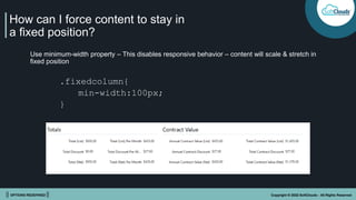 || OPTIONS REDEFINED || Copyright © 2022 SoftClouds - All Rights Reserved
How can I force content to stay in
a fixed position?
Use minimum-width property – This disables responsive behavior – content will scale & stretch in
fixed position
.fixedcolumn{
min-width:100px;
}
 