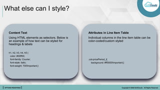 || OPTIONS REDEFINED || Copyright © 2022 SoftClouds - All Rights Reserved
What else can I style?
Content Text
Using HTML elements as selectors. Below is
an example of how text can be styled for
headings & labels
h1, h2, h3, h4, h5 {
color: #00ff00;
font-family: Courier;
font-style: italic;
font-weight: 700!important;}
Attributes in Line Item Table
Individual columns in the line item table can be
color-coded/custom styled
.col-pricePeriod_l{
background: #ff0000!important;}
 