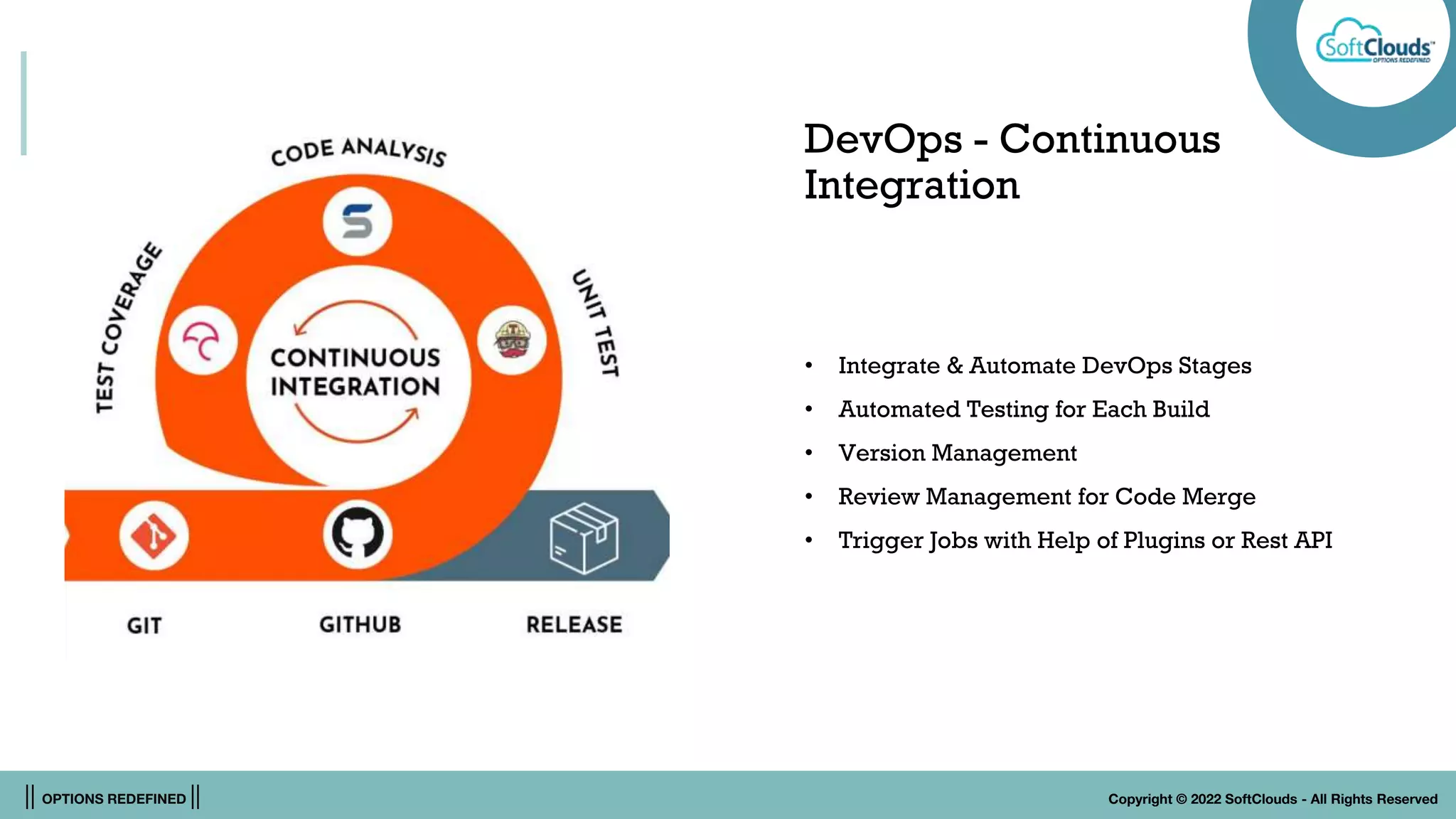 || OPTIONS REDEFINED || Copyright © 2022 SoftClouds - All Rights Reserved
DevOps - Continuous
Integration
• Integrate & Automate DevOps Stages
• Automated Testing for Each Build
• Version Management
• Review Management for Code Merge
• Trigger Jobs with Help of Plugins or Rest API
 