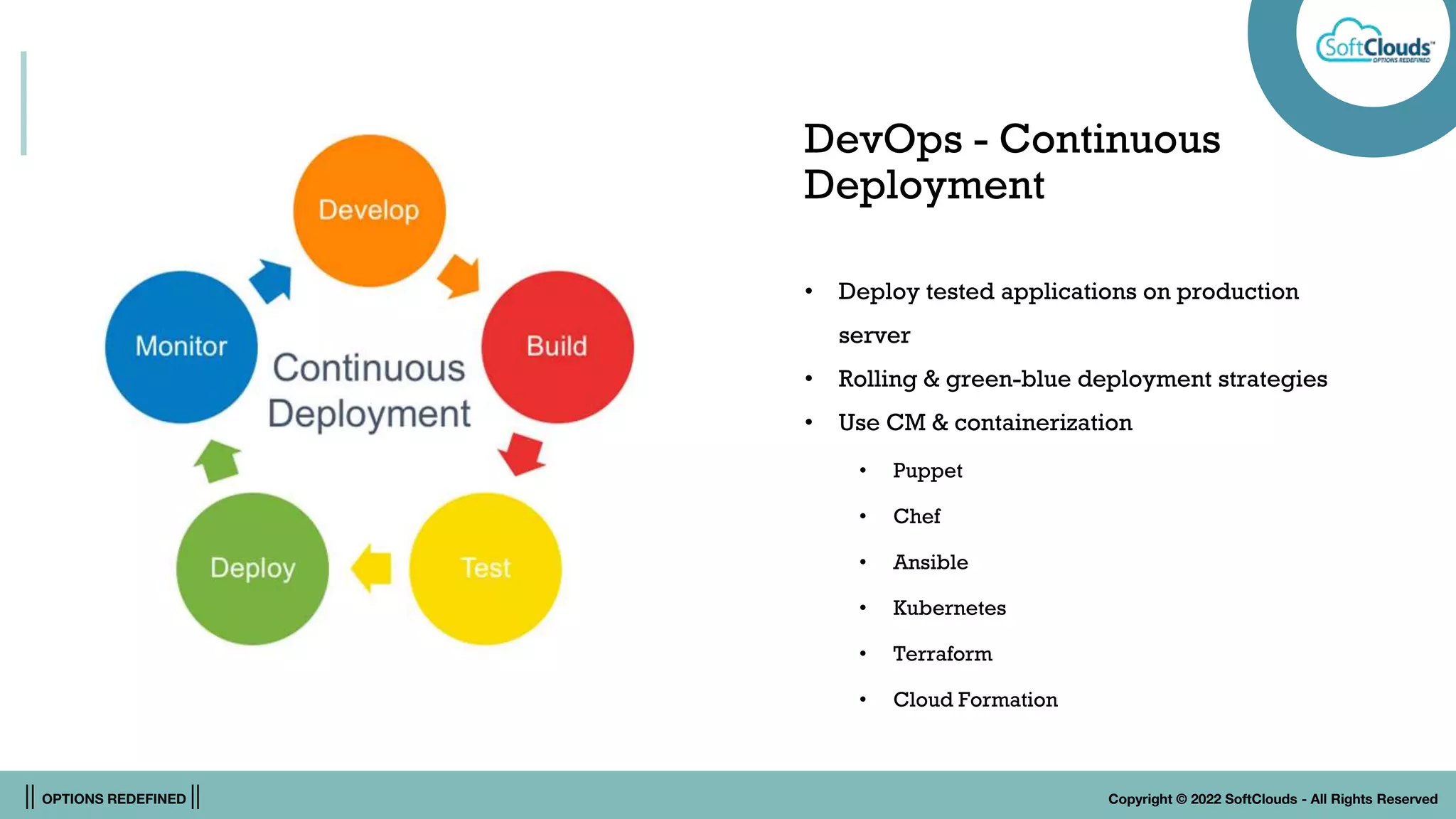 || OPTIONS REDEFINED || Copyright © 2022 SoftClouds - All Rights Reserved
DevOps - Continuous
Deployment
• Deploy tested applications on production
server
• Rolling & green-blue deployment strategies
• Use CM & containerization
• Puppet
• Chef
• Ansible
• Kubernetes
• Terraform
• Cloud Formation
 