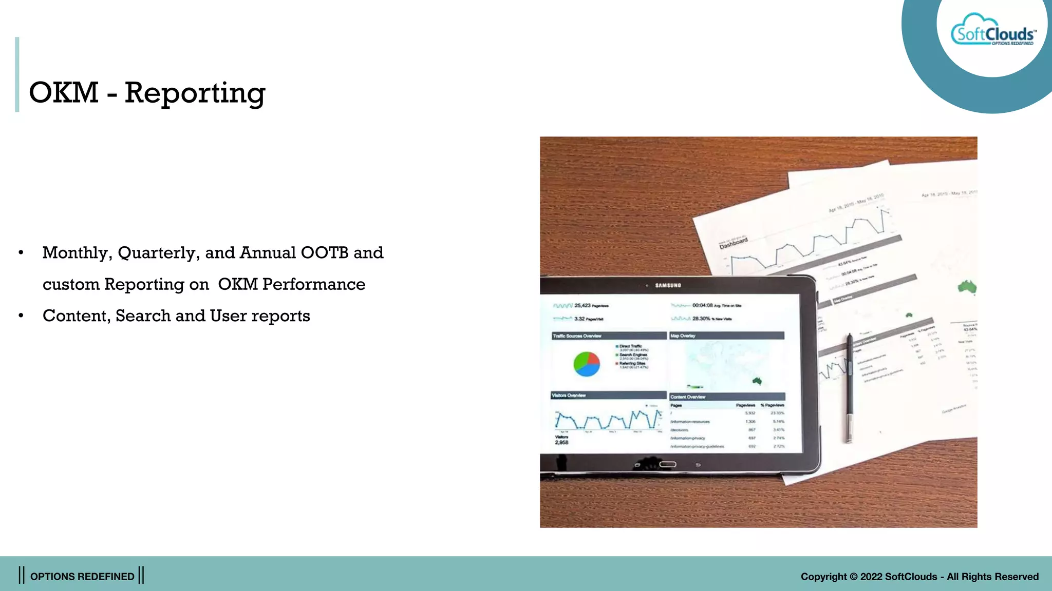 || OPTIONS REDEFINED || Copyright © 2022 SoftClouds - All Rights Reserved
OKM - Reporting
• Monthly, Quarterly, and Annual OOTB and
custom Reporting on OKM Performance
• Content, Search and User reports
 