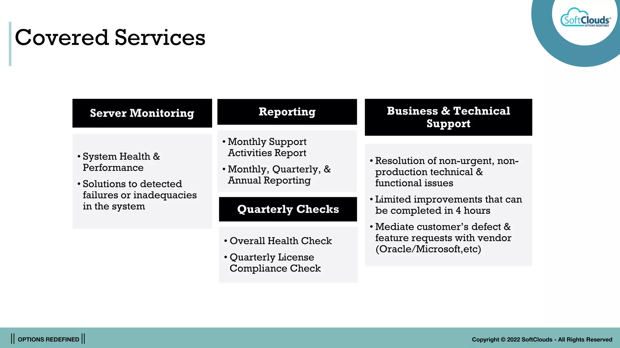 || OPTIONS REDEFINED || Copyright © 2022 SoftClouds - All Rights Reserved
Covered Services
• System Health &
Performance
• Solutions to detected
failures or inadequacies
in the system
Server Monitoring
• Resolution of non-urgent, non-
production technical &
functional issues
• Limited improvements that can
be completed in 4 hours
• Mediate customer’s defect &
feature requests with vendor
(Oracle/Microsoft,etc)
Business & Technical
Support
• Monthly Support
Activities Report
• Monthly, Quarterly, &
Annual Reporting
Reporting
• Overall Health Check
• Quarterly License
Compliance Check
Quarterly Checks
 