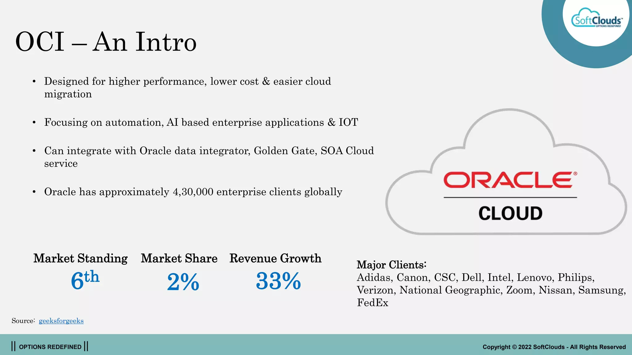 || OPTIONS REDEFINED || Copyright © 2022 SoftClouds - All Rights Reserved
OCI – An Intro
• Designed for higher performance, lower cost & easier cloud
migration
• Focusing on automation, AI based enterprise applications & IOT
• Can integrate with Oracle data integrator, Golden Gate, SOA Cloud
service
• Oracle has approximately 4,30,000 enterprise clients globally
Source: geeksforgeeks
Major Clients:
Adidas, Canon, CSC, Dell, Intel, Lenovo, Philips,
Verizon, National Geographic, Zoom, Nissan, Samsung,
FedEx
Market Standing Market Share Revenue Growth
6th
2% 33%
 