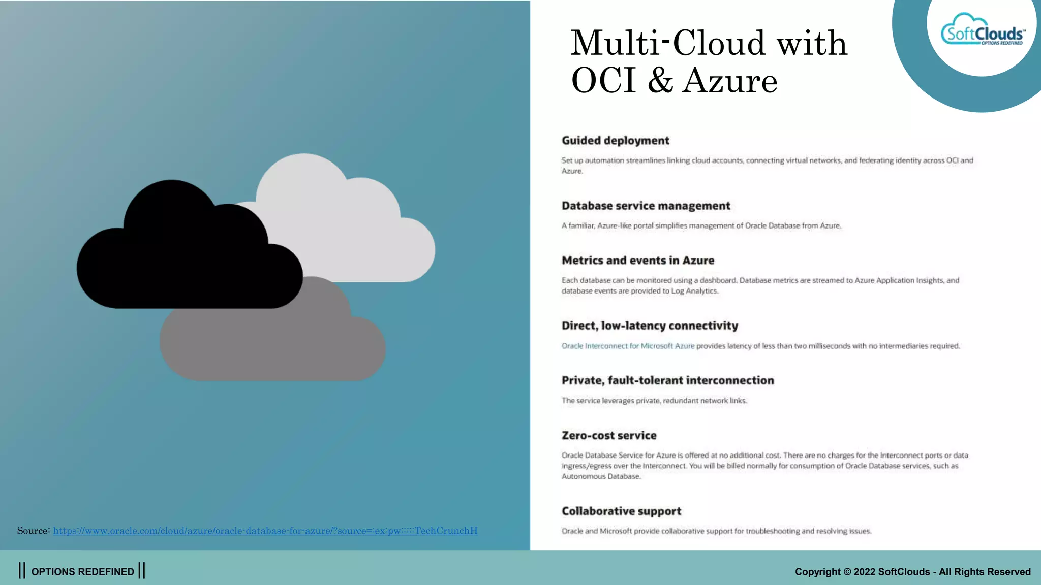|| OPTIONS REDEFINED || Copyright © 2022 SoftClouds - All Rights Reserved
Multi-Cloud with
OCI & Azure
Source: https://www.oracle.com/cloud/azure/oracle-database-for-azure/?source=:ex:pw:::::TechCrunchH
 