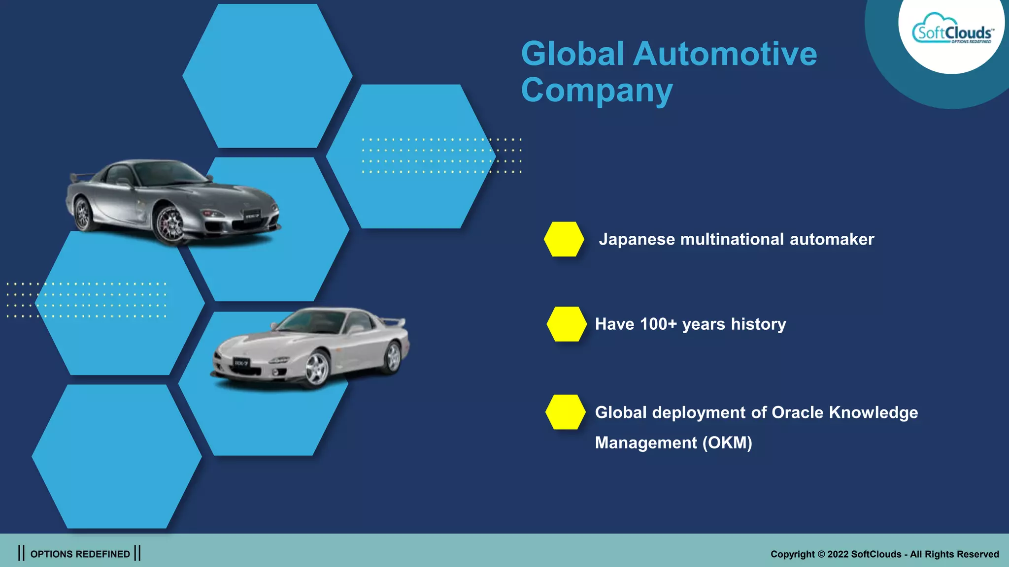 || OPTIONS REDEFINED || Copyright © 2022 SoftClouds - All Rights Reserved
Global Automotive
Company
Japanese multinational automaker
Global deployment of Oracle Knowledge
Management (OKM)
Have 100+ years history
 