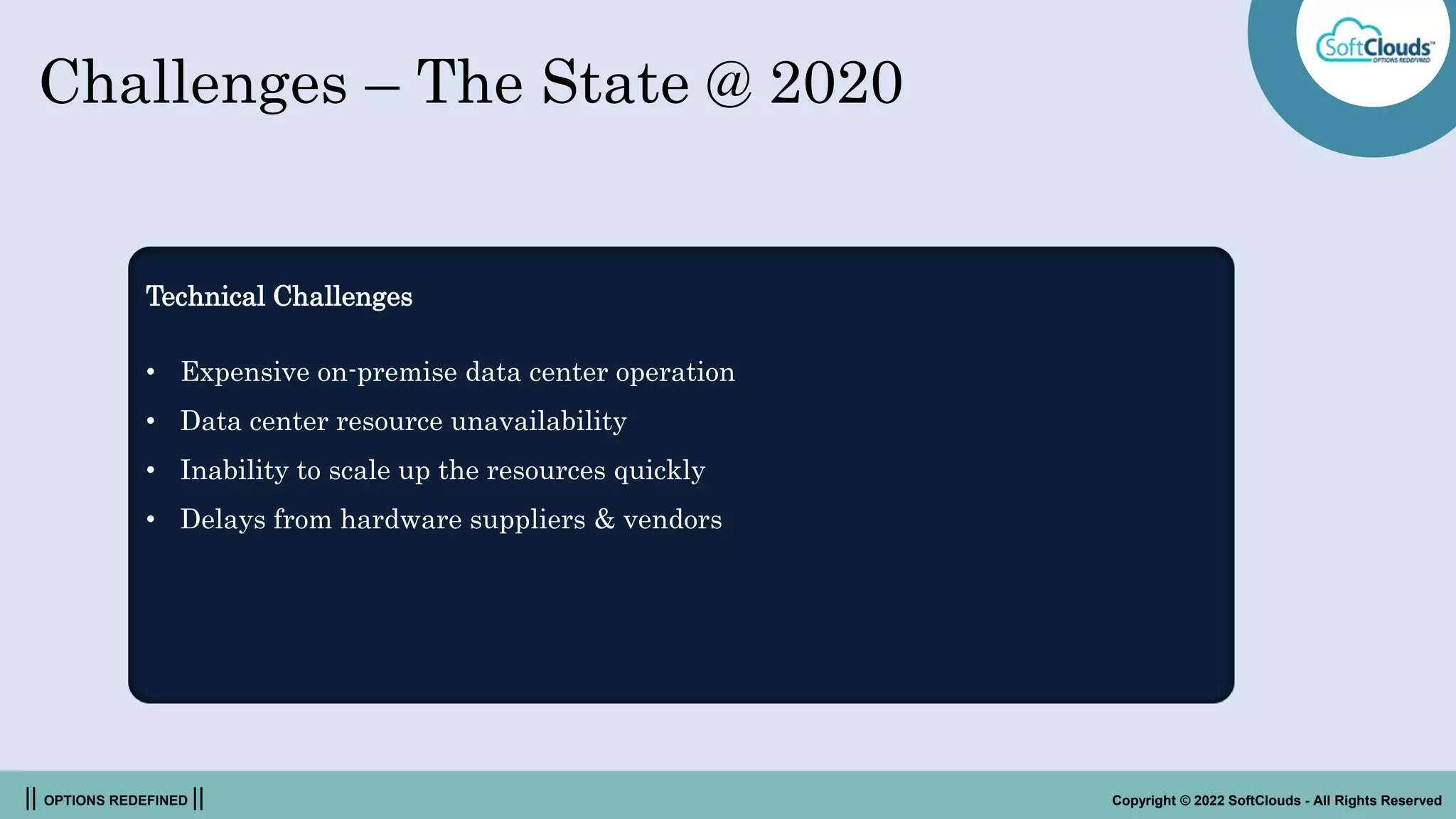 || OPTIONS REDEFINED || Copyright © 2022 SoftClouds - All Rights Reserved
Challenges – The State @ 2020
Technical Challenges
• Expensive on-premise data center operation
• Data center resource unavailability
• Inability to scale up the resources quickly
• Delays from hardware suppliers & vendors
 