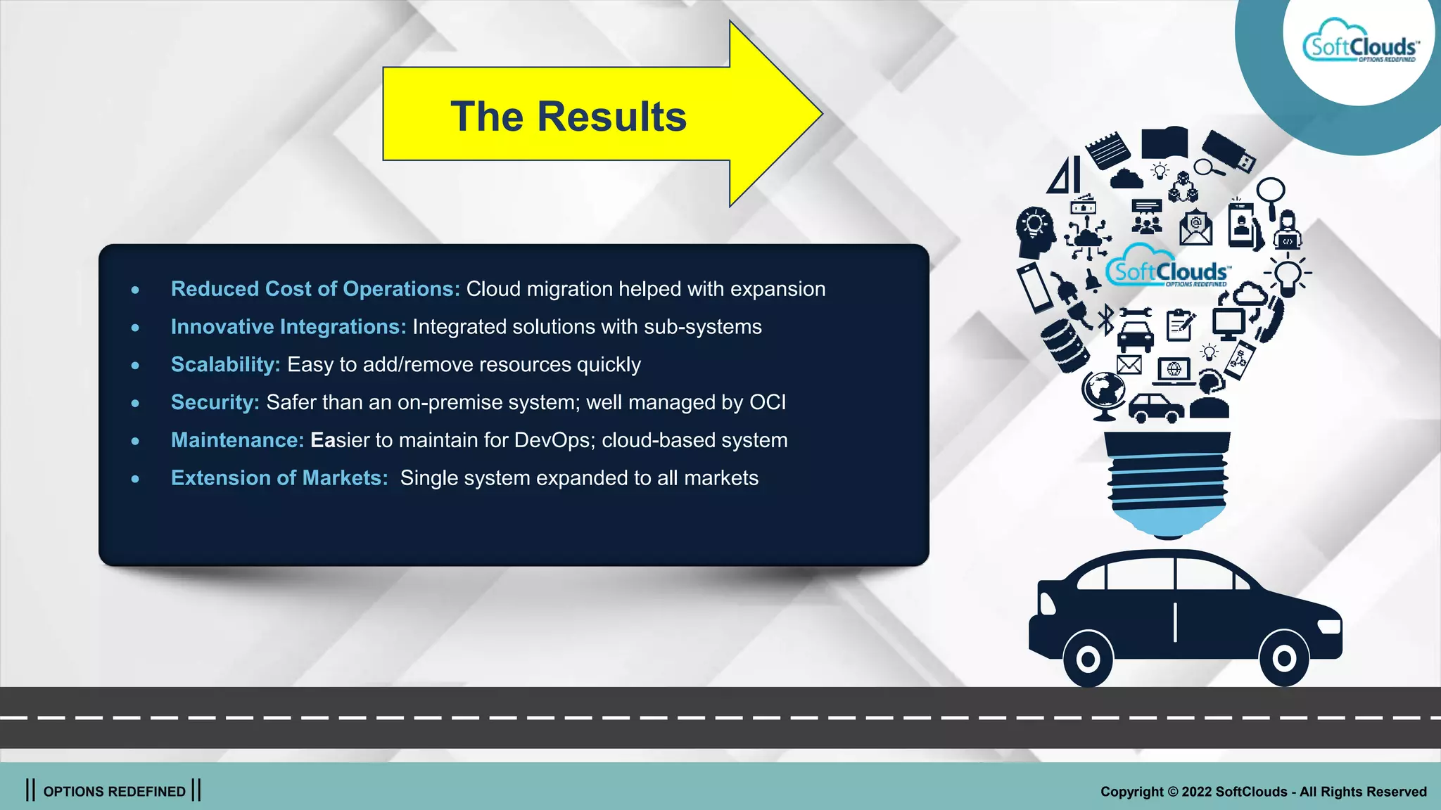 || OPTIONS REDEFINED || Copyright © 2022 SoftClouds - All Rights Reserved
 Reduced Cost of Operations: Cloud migration helped with expansion
 Innovative Integrations: Integrated solutions with sub-systems
 Scalability: Easy to add/remove resources quickly
 Security: Safer than an on-premise system; well managed by OCI
 Maintenance: Easier to maintain for DevOps; cloud-based system
 Extension of Markets: Single system expanded to all markets
The Results
 