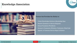 || OPTIONS REDEFINED || Copyright © 2022 SoftClouds - All Rights Reserved
Knowledge Association
Feature that Provides the Ability to:
• Collect Knowledge Articles in Knowledge Base
• Resolve Questions or Service Requests
• Robust Translation Workflows
• Access to Consumers (Workers, Customers, Help-Desk
Agents, or Customer Service Reps) & Authors
 
