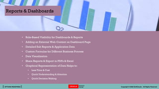 || OPTIONS REDEFINED || Copyright © 2022 SoftClouds - All Rights Reserved
• Role-Based Visibility for Dashboards & Reports
• Adding an External Web Content on Dashboard Page
• Detailed Sub Reports & Application Data
• Custom Formulas for Different Business Process
• Data Visualization
• Share Reports & Export in PDFs & Excel
• Graphical Representation of Data Helps to:
• Less Time & Cost
• Quick Understanding & Attention
• Quick Decision Making
Reports & Dashboards
 