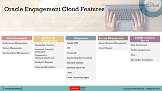 || OPTIONS REDEFINED || Copyright © 2022 SoftClouds - All Rights Reserved
Oracle Engagement Cloud Features
Sales Automation
Performance Management
Partner Management
Customer Data Management
Knowledge
Management
Knowledge Creation
Document Control &
Languages
Contextual &
Self-Learning Search
Intelligent Assistant
Integrated Knowledge
Integrations
Oracle CPQ
CTI
Oracle IoT
Oracle Field Service Cloud
Microsoft Outlook
Microsoft office 365
Gmail
Other Third-Party Apps
Service Management
Service Request Management
Omni Channel
Digital Customer
Service
Web Enablement
Co-Browsing Service
Chat
Knowledge Association
 