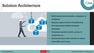|| OPTIONS REDEFINED || Copyright © 2022 SoftClouds - All Rights Reserved
Solution Architecture
• Build custom solution stacks, workspace, &
workflows
• Dynamic agent interface & dashboards
• Get customized industry/business
processes
• Customize needs of contact, group, &
companies etc.,
• Automated work order creation to reduce
back-office cost & time
 