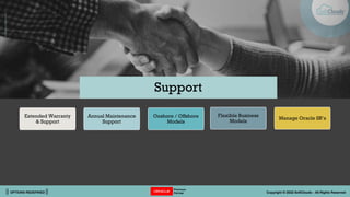 || OPTIONS REDEFINED || Copyright © 2022 SoftClouds - All Rights Reserved
Support
Extended Warranty
& Support
Annual Maintenance
Support
Onshore / Offshore
Models
Flexible Business
Models
Manage Oracle SR’s
 