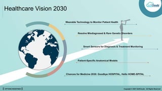 || OPTIONS REDEFINED || Copyright © 2021 SoftClouds - All Rights Reserved
Healthcare Vision 2030
Wearable Technology to Monitor Patient Health
Resolve Misdiagnosed & Rare Genetic Disorders
Smart Sensors for Diagnosis & Treatment Monitoring
Patient-Specific Anatomical Models
Chances for Medicine 2030: Goodbye HOSPITAL, Hello HOME-SPITAL
 