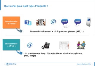 © 19
Quel canal pour quel type d’enquête ?
Questionnaire
« à chaud »
Questionnaire
« à froid »
Avec questionnaire
oui/non
Avec url
Un questionnaire court + 1 à 2 questions globales (NPS, …)
Un questionnaire long : Vécu des étapes + indicateurs globaux
(NPS, image)
 