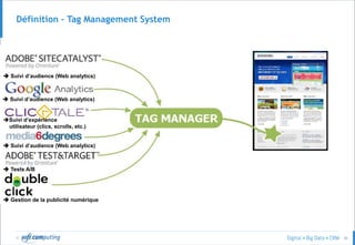© 36
Définition – Tag Management System
 Suivi d’audience (Web analytics)
Suivi d’expérience
utilisateur (clics, scrolls, etc.)
 Suivi d’audience (Web analytics)
 Suivi d’audience (Web analytics)
 Tests A/B
 Gestion de la publicité numérique
 
