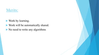 Merits:
 Work by learning.
 Work will be automatically shared.
 No need to write any algorithms
 