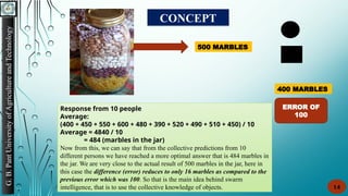 G.
B.
Pant
University
of
Agriculture
and
Technology
14
CONCEPT
Response from 10 people
Average:
(400 + 450 + 550 + 600 + 480 + 390 + 520 + 490 + 510 + 450) / 10
Average = 4840 / 10
= 484 (marbles in the jar)
Now from this, we can say that from the collective predictions from 10
different persons we have reached a more optimal answer that is 484 marbles in
the jar. We are very close to the actual result of 500 marbles in the jar, here in
this case the difference (error) reduces to only 16 marbles as compared to the
previous error which was 100. So that is the main idea behind swarm
intelligence, that is to use the collective knowledge of objects.
500 MARBLES
400 MARBLES
ERROR OF
100
 