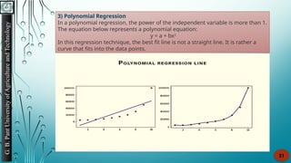 G.
B.
Pant
University
of
Agriculture
and
Technology
21
3) Polynomial Regression
In a polynomial regression, the power of the independent variable is more than 1.
The equation below represents a polynomial equation:
y = a + bx2
In this regression technique, the best fit line is not a straight line. It is rather a
curve that fits into the data points.
 
