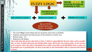 FUZZY LOGIC
G.
B.
Pant
University
of
Agriculture
and
Technology
6
• The word ‘fuzzy’ means things that are not pretty much clear or doubtful.
• Explains uncertainties and inaccuracies of the situation in a better way.
• Boolean logic0,1.
• Represent with Degree.
If we talk about the system value then we have 1 which is responsible for the true value, and on another
side, we have 0 which represents the absolute false value. But in the case of fuzzy logic, we do not have
such scenarios where the value is absolutely true or false, it provides us the flexibility where a value can
be partially true or partially false. In short, it provides us the intermediate value to represent this kind of
scenario.
MATHEMATICAL
LANGUAGE
RELATIONAL LOGIC BOOLEAN LOGIC PREDICATE LOGIC
DEALS WITH
FUZZY SETS AND
FUZZY ALGEBRA
Term By Lotfi Zadeh Of
University Of California
At Berkeley In 1965
 