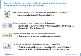 © 13
Dans ce contexte, nos clients initient et généralisent la mise en
place de nouveaux dispositifs relationnels…
Multiplicité des points de contacts avec leurs clients / prospects
Approche Multicanal / Omnicanal clients
Approche patrimoniale et souveraine de la donnée
Identification sur l’ensemble de leur écosystème CRM & digital
(Référentiel Client Unique…)
La puissance de leur connaissance clients acquises
 Segmentations, scores, analyses consommation
La finesse dans l’activation clients, prospects identifiés
 Programmes relationnels segmentés multi canal , Triggers
(demande de devis, Mails anniversaires..) , Re-marketing
 