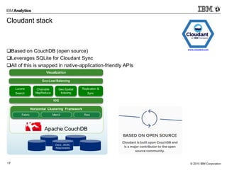 © 2015 IBM Corporation17
Cloudant stack
q Based on CouchDB (open source)
q Leverages SQLite for Cloudant Sync
q All of this is wrapped in native-application-friendly APIs
www.cloudant.com
qAll of this is wrapped in native-application-friendly APIs
§Horizontal Clustering Framework
Visualization
Lucene
Search
Chainable
MapReduce
Replication &
Sync
IOQ
Fabric Mem3 Rexi
Apache CouchDB
Docs: JSON,
Attachments
Horizontal Clustering Framework
Geo-Spatial
Indexing
Geo-Load Balancing
 
