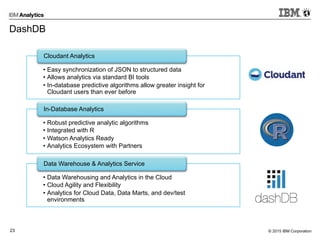 © 2015 IBM Corporation23
DashDB
•  Easy synchronization of JSON to structured data
•  Allows analytics via standard BI tools
•  In-database predictive algorithms allow greater insight for
Cloudant users than ever before
Cloudant Analytics
•  Robust predictive analytic algorithms
•  Integrated with R
•  Watson Analytics Ready
•  Analytics Ecosystem with Partners
In-Database Analytics
•  Data Warehousing and Analytics in the Cloud
•  Cloud Agility and Flexibility
•  Analytics for Cloud Data, Data Marts, and dev/test
environments
Data Warehouse & Analytics Service
 