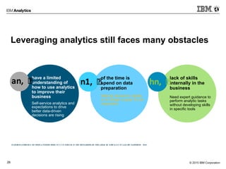 © 2015 IBM Corporation26
Leveraging analytics still faces many obstacles
u A e A c u 	
   r c u u u ue n e a u o u e
have a limited
understanding of
how to use analytics
to improve their
business
an,
Self-service analytics and
expectations to drive
better data-driven
decisions are rising
of the time is
spend on data
preparation
n1,
Making decisions rapidly
is no longer a goal; it’s an
imperative
lack of skills
internally in the
business
hn,
Need expert guidance to
perform analytic tasks
without developing skills
in specific tools
 
