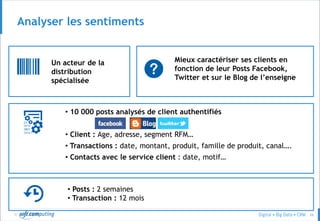 © 26
Analyser les sentiments
Un acteur de la
distribution
spécialisée
Mieux caractériser ses clients en
fonction de leur Posts Facebook,
Twitter et sur le Blog de l’enseigne
• 10 000 posts analysés de client authentifiés
• Client : Age, adresse, segment RFM…
• Transactions : date, montant, produit, famille de produit, canal….
• Contacts avec le service client : date, motif…
• Posts : 2 semaines
• Transaction : 12 mois
 