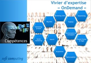 © 48
Vivier d’expertise
« OnDemand »
Compétences
Fidélité
Marketing
produit
Acquisition
Big data
Marketing client
Gestionnaire de
campagnes
Social
marketing
Conseil fichier
et légal
Datamining
Search
Deliverabilité
 