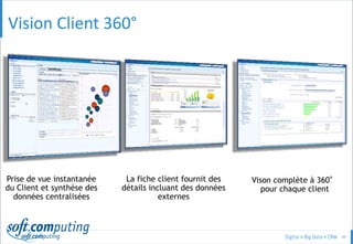 © 49
Vison complète à 360°
pour chaque client
Prise de vue instantanée
du Client et synthèse des
données centralisées
La fiche client fournit des
détails incluant des données
externes
Vision Client 360°
 