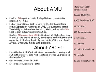 About AMU
• Ranked 5th spot on India Today-Neilsen Universities
Ranking 2012-13.
• Indian educational institutions by the UK based Times
India Reputation Rankings of 2012-13 published in the
Times Higher Education, London, AMU ranks as the 9th
best Indian educational institution.
• Ranked 50 among top 100 institutions of higher learning
in BRICS (the group of newly developed and industrialized
countries including Brazil, Russia, India, China and South
Africa), while JNU holds 57th position.
About ZHCET
• Identified out of 400 institutions across the country and
put in the list of 7 selected institution to be upgraded to
the level of IIT.
• Got 10crore under TEQUIP.
• MIT open courseware centre
More than 1200
acres campus
30,000 Students
2,000 Academic Staff
12 Faculties
109 Departments
5 Institutions
13 Centers
19 Halls of Residence
73 Hostels
23 CountriesStudents
 