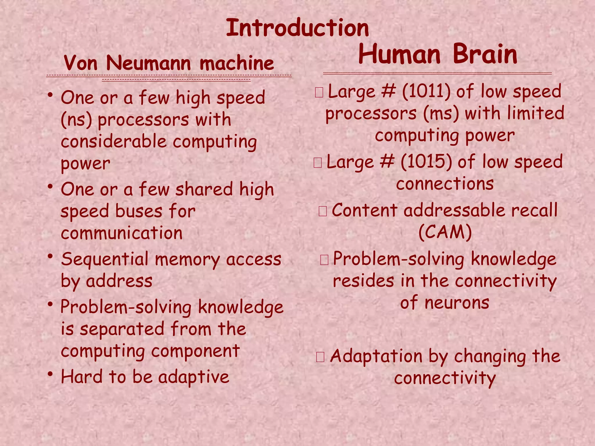 Introduction 
Von Neumann machine 
--------------------------------------------------------------------------------------------------- 
------------------------------------------------------------ 
• One or a few high speed 
(ns) processors with 
considerable computing 
power 
• One or a few shared high 
speed buses for 
communication 
• Sequential memory access 
by address 
• Problem-solving knowledge 
is separated from the 
computing component 
• Hard to be adaptive 
Human Brain 
-------------------------------------------------------------------------------------------------------------------------------------------------------------------------- 
Large # (1011) of low speed 
processors (ms) with limited 
computing power 
Large # (1015) of low speed 
connections 
Content addressable recall 
(CAM) 
Problem-solving knowledge 
resides in the connectivity 
of neurons 
Adaptation by changing the 
connectivity 
 