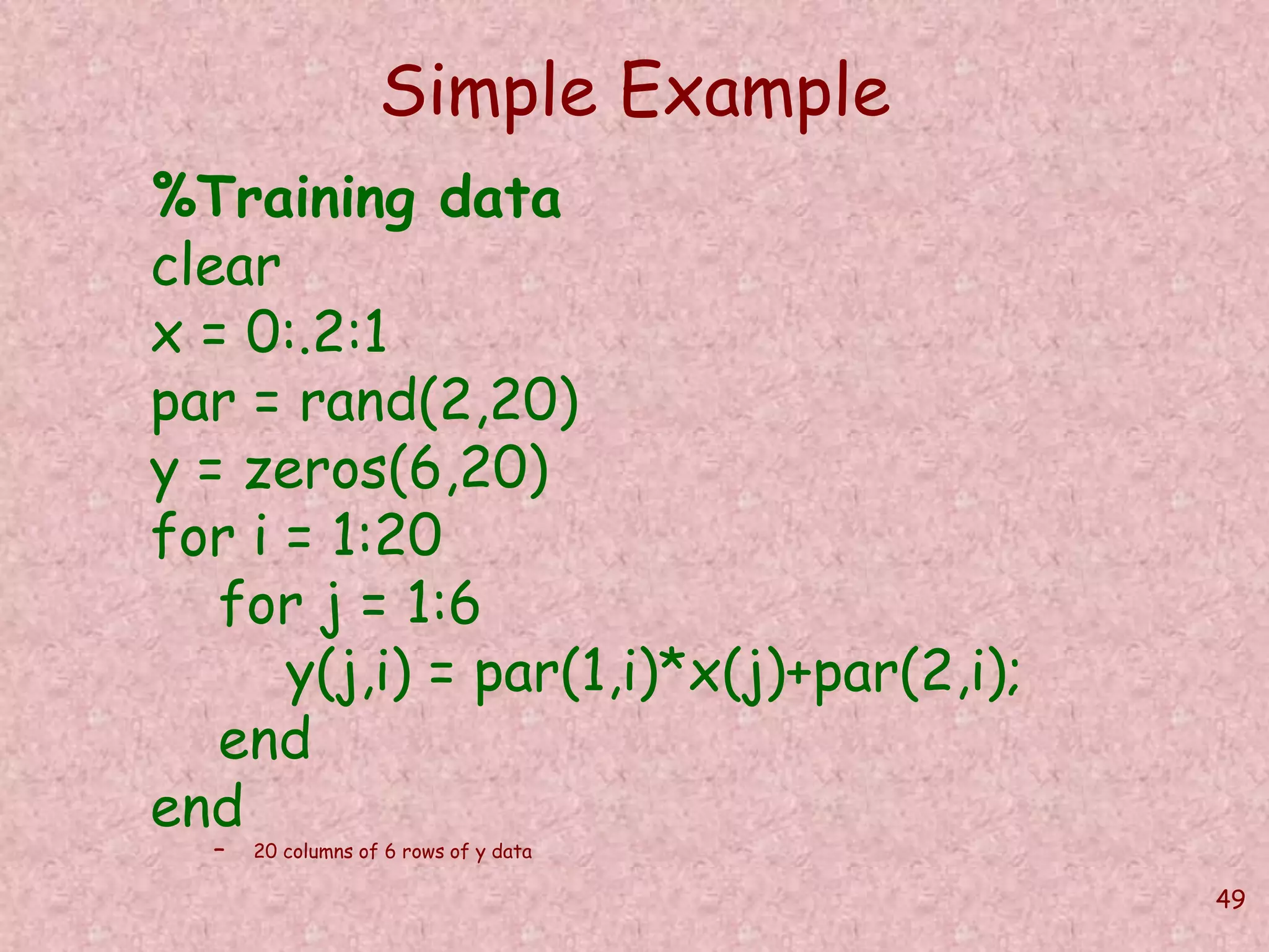 49 
Simple Example 
%Training data 
clear 
x = 0:.2:1 
par = rand(2,20) 
y = zeros(6,20) 
for i = 1:20 
for j = 1:6 
y(j,i) = par(1,i)*x(j)+par(2,i); 
end 
end 
– 20 columns of 6 rows of y data 
 