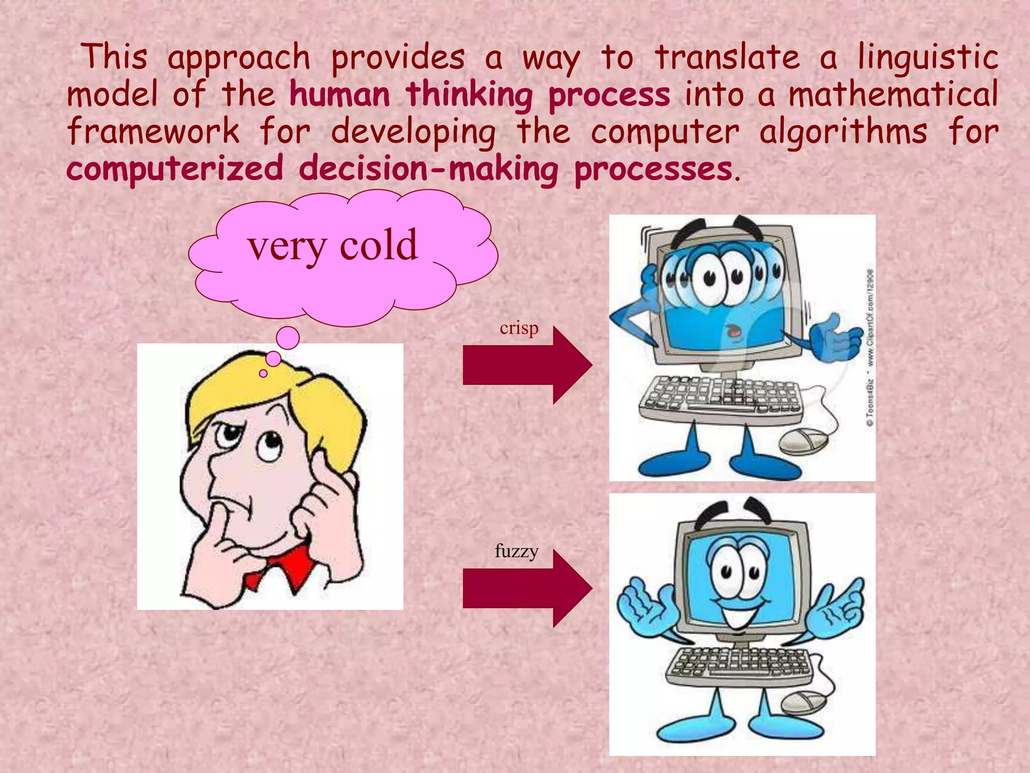 This approach provides a way to translate a linguistic 
model of the human thinking process into a mathematical 
framework for developing the computer algorithms for 
computerized decision-making processes. 
crisp 
fuzzy 
very cold 
 