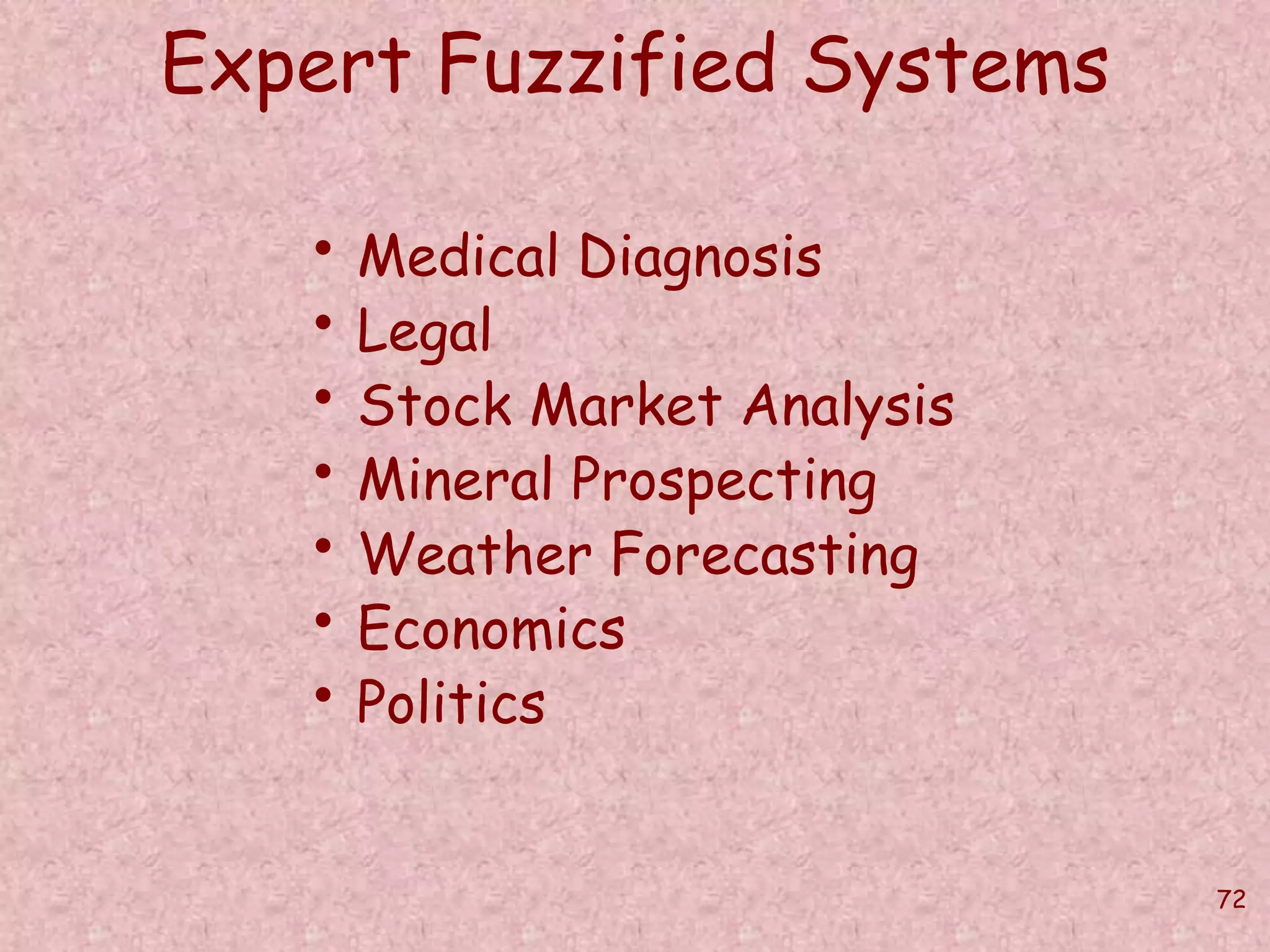 72 
Expert Fuzzified Systems 
• Medical Diagnosis 
• Legal 
• Stock Market Analysis 
• Mineral Prospecting 
• Weather Forecasting 
• Economics 
• Politics 
 