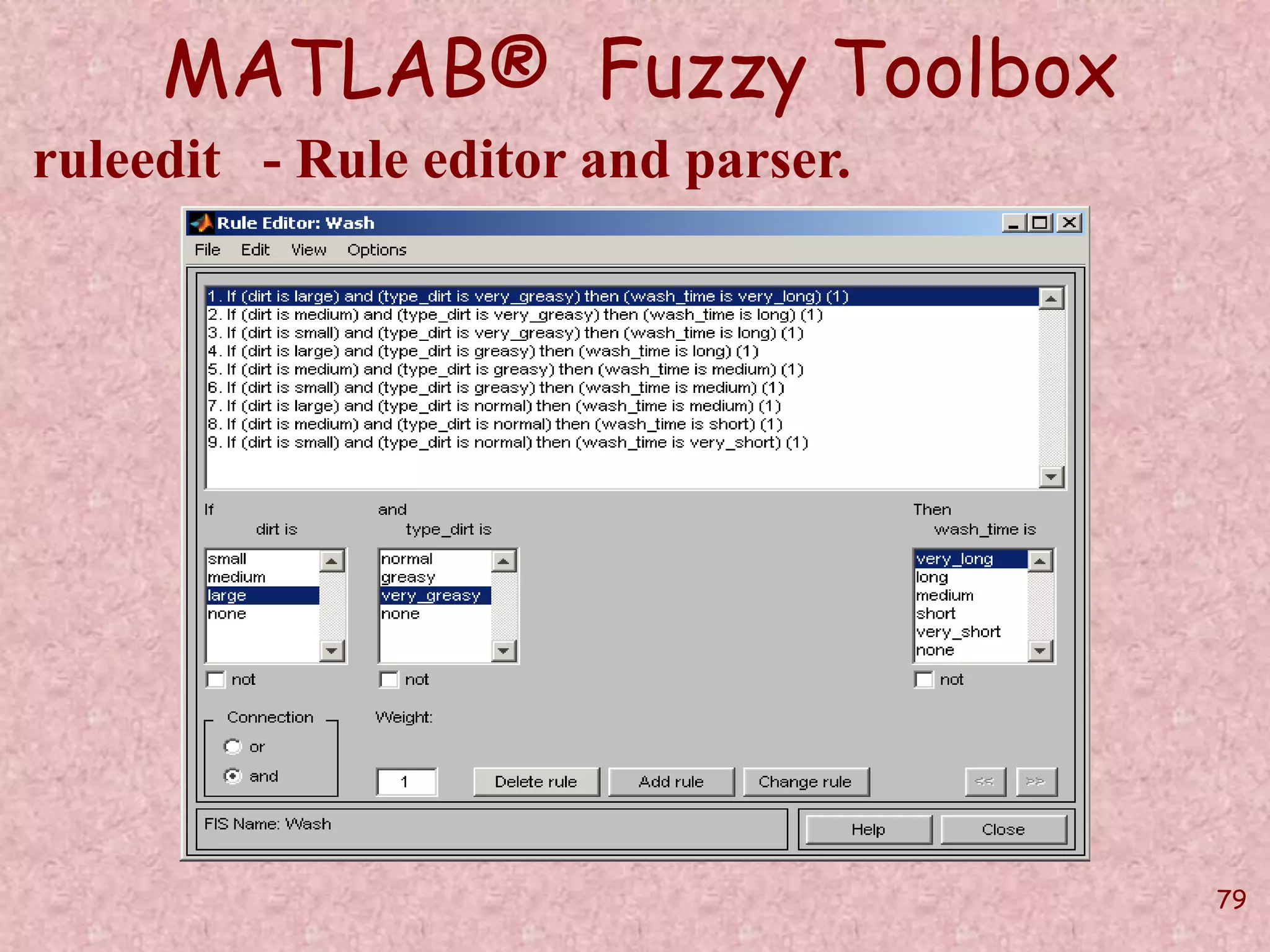 79 
MATLAB® Fuzzy Toolbox 
ruleedit - Rule editor and parser. 
 