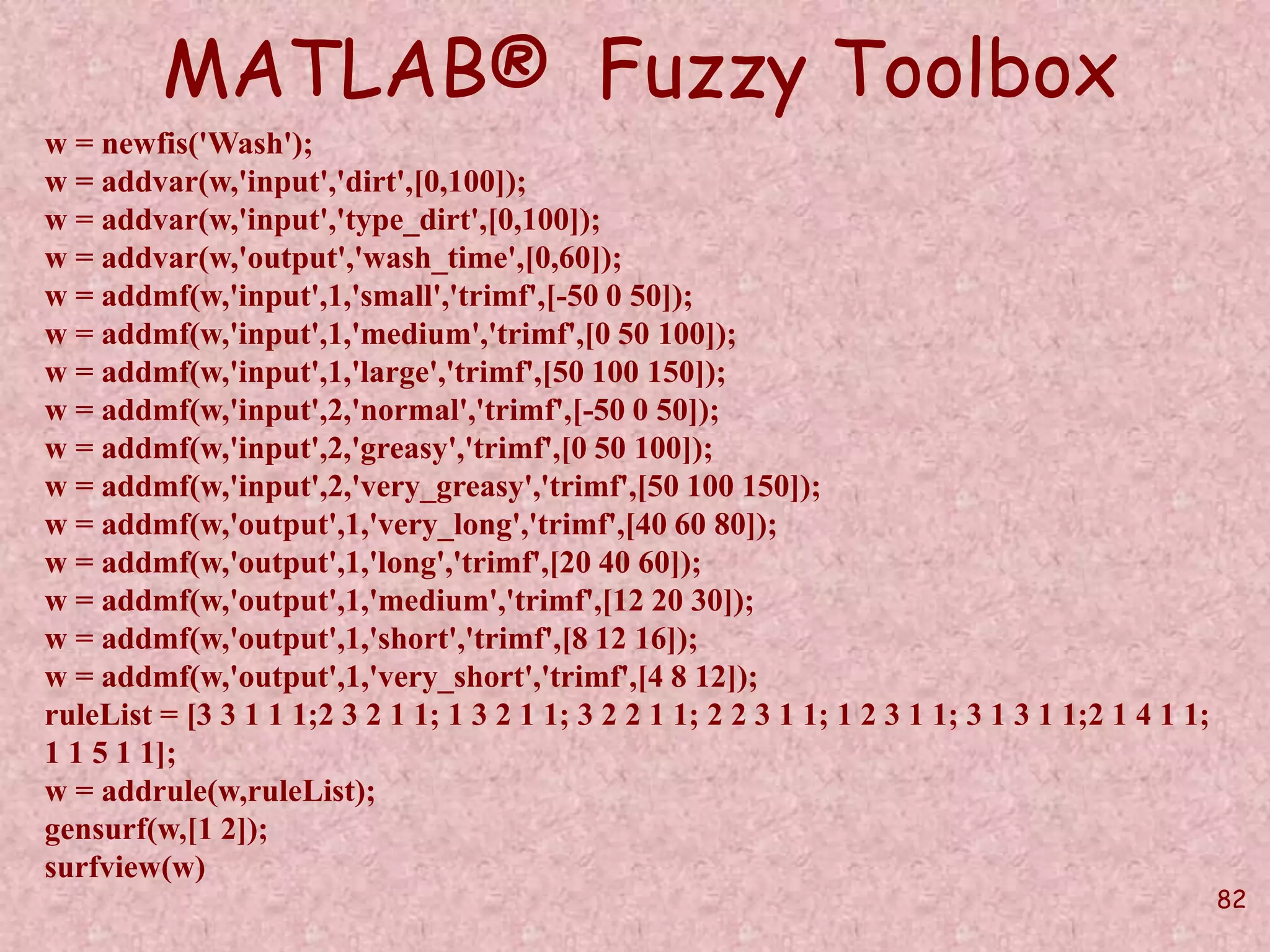 82 
MATLAB® Fuzzy Toolbox 
w = newfis('Wash'); 
w = addvar(w,'input','dirt',[0,100]); 
w = addvar(w,'input','type_dirt',[0,100]); 
w = addvar(w,'output','wash_time',[0,60]); 
w = addmf(w,'input',1,'small','trimf',[-50 0 50]); 
w = addmf(w,'input',1,'medium','trimf',[0 50 100]); 
w = addmf(w,'input',1,'large','trimf',[50 100 150]); 
w = addmf(w,'input',2,'normal','trimf',[-50 0 50]); 
w = addmf(w,'input',2,'greasy','trimf',[0 50 100]); 
w = addmf(w,'input',2,'very_greasy','trimf',[50 100 150]); 
w = addmf(w,'output',1,'very_long','trimf',[40 60 80]); 
w = addmf(w,'output',1,'long','trimf',[20 40 60]); 
w = addmf(w,'output',1,'medium','trimf',[12 20 30]); 
w = addmf(w,'output',1,'short','trimf',[8 12 16]); 
w = addmf(w,'output',1,'very_short','trimf',[4 8 12]); 
ruleList = [3 3 1 1 1;2 3 2 1 1; 1 3 2 1 1; 3 2 2 1 1; 2 2 3 1 1; 1 2 3 1 1; 3 1 3 1 1;2 1 4 1 1; 
1 1 5 1 1]; 
w = addrule(w,ruleList); 
gensurf(w,[1 2]); 
surfview(w) 
 