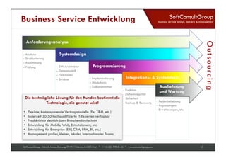 SoftConsultGroup 
business service design, delivery & management 
Business Service Entwicklung 
Anforderungsanalyse 
- Analyse 
- Strukturierung 
- Abstimmung 
- Prüfung 
Systemdesign 
- SW-Architektur 
- Datenmodell 
- Funktionen 
- Struktur 
Programmierung 
- Implementierung 
- Modultests 
- Dokumentation 
Integrations- & Systemtests 
- Funktion 
- Datenintegrität 
- Sicherheit 
- Backup & Recovery 
Auslieferung 
und Wartung 
- Fehlerbehebung 
- Anpassungen 
- Erweiterungen, etc. 
Die bestmögliche Lösung für den Kunden bestimmt die 
Technologie, die genutzt wird! 
• Flexible, kostensparende Vertragsmodelle (fix, T&M, etc.) 
• Jederzeit 30-50 hochqualifizierte IT-Experten verfügbar 
• Produktivität deutlich über Branchendurchschnitt 
• Entwicklung für Mobile, Web, Entertainment, etc. 
• Entwicklung für Enterprise (ERP, CRM, BPM, BI, etc.) 
• Management großer, kleiner, lokaler, internationaler Teams 
SoftConsultGroup - Helmuth Antonu, Rennweg 97-99 / T-Center, A-1030 Wien * T +43 (0)1 798 04 46 * www.softconsultgroup.com 12 
Outsourcing 
 