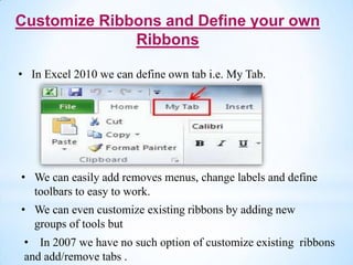 Customize Ribbons and Define your own
              Ribbons

• In Excel 2010 we can define own tab i.e. My Tab.




• We can easily add removes menus, change labels and define
  toolbars to easy to work.
• We can even customize existing ribbons by adding new
  groups of tools but
 • In 2007 we have no such option of customize existing ribbons
 and add/remove tabs .
 