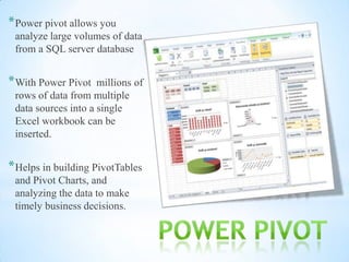 * Power pivot allows you
 analyze large volumes of data
 from a SQL server database


* With Power Pivot   millions of
 rows of data from multiple
 data sources into a single
 Excel workbook can be
 inserted.


* Helps in building PivotTables
 and Pivot Charts, and
 analyzing the data to make
                                   *
 timely business decisions.
 