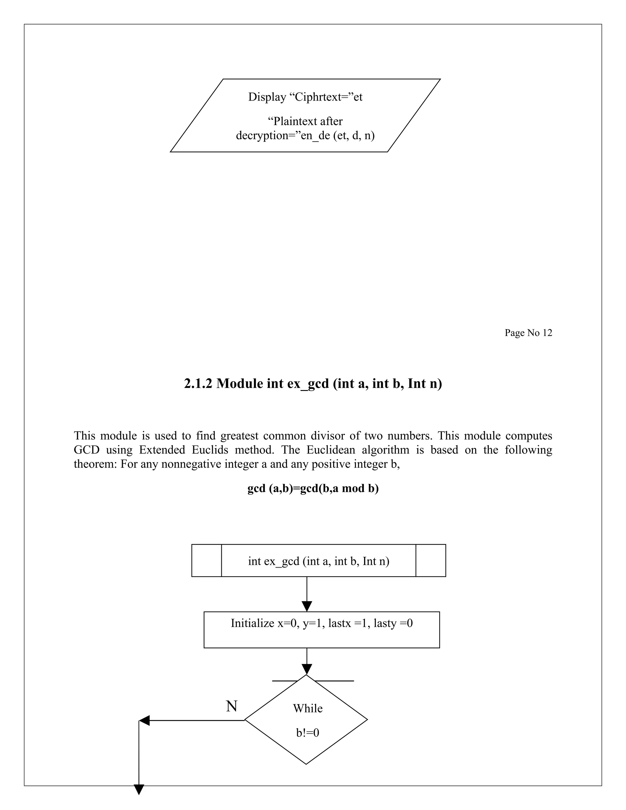 Display “Ciphrtext=”et “Plaintext after decryption=”en_de (et, d, n) Page No 12 2.1.2 Module int ex_gcd (int a, int b, Int n) This module is used to find greatest common divisor of two numbers. This module computes GCD using Extended Euclids method. The Euclidean algorithm is based on the following theorem: For any nonnegative integer a and any positive integer b, gcd (a,b)=gcd(b,a mod b) int ex_gcd (int a, int b, Int n) Initialize x=0, y=1, lastx =1, lasty =0 N While b!=0 